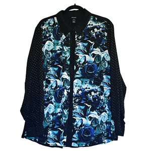 Blouse Blue Black Multi-media Semi Sheer Vibrant Artsy Event Career Party SZ 2X